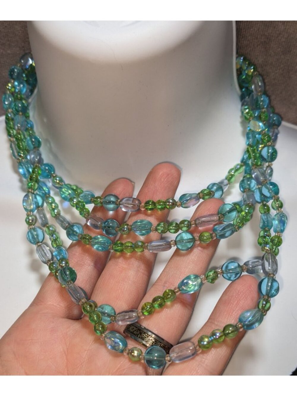 Givenchy Multi-Strand Green & Blue Glass Bead Necklace - Picture 3 of 6